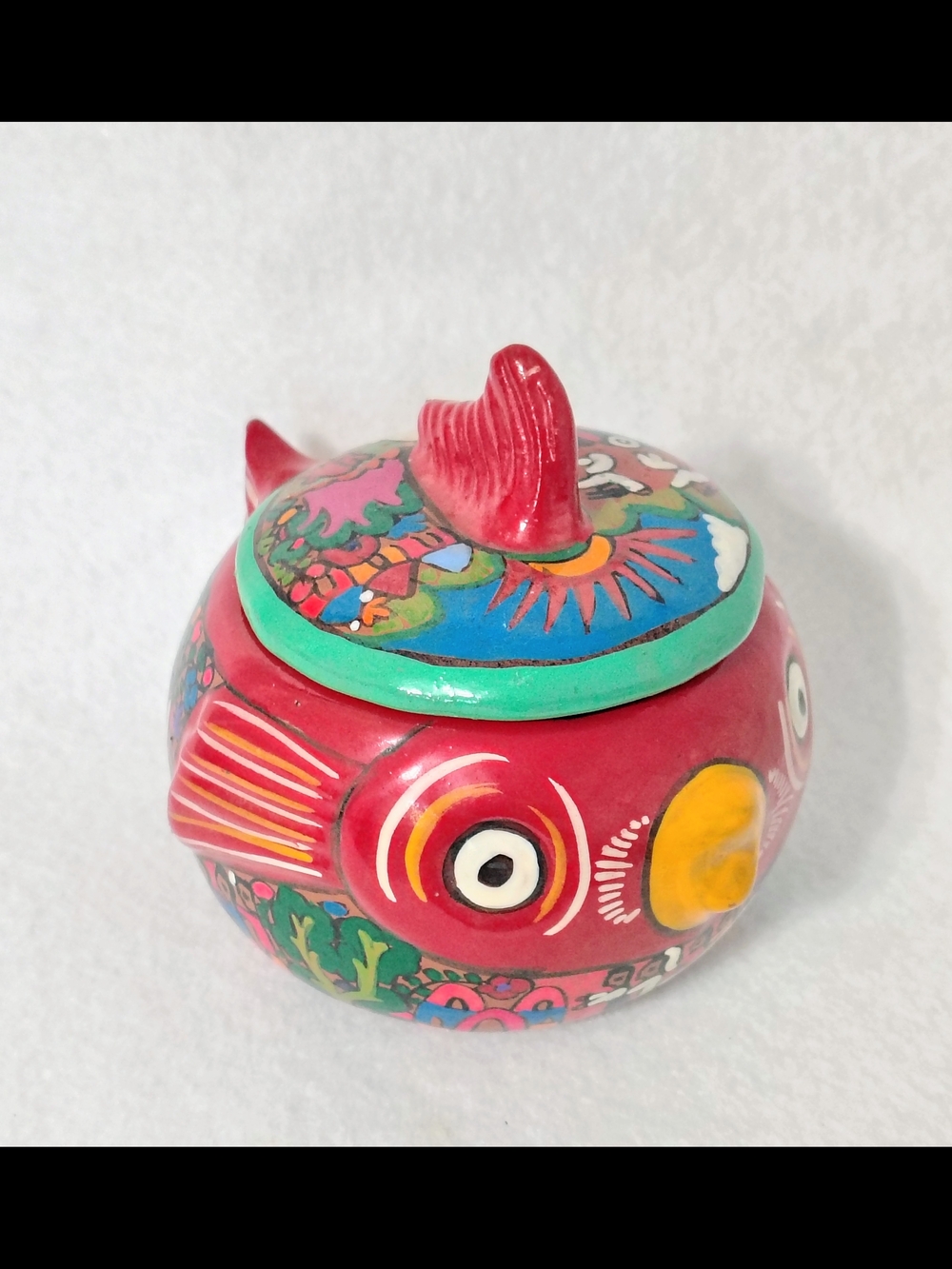 Tonala Mexico Red Clay Folk Art Colorful Pottery Fish Trinket Box Bowl & Lid 5"